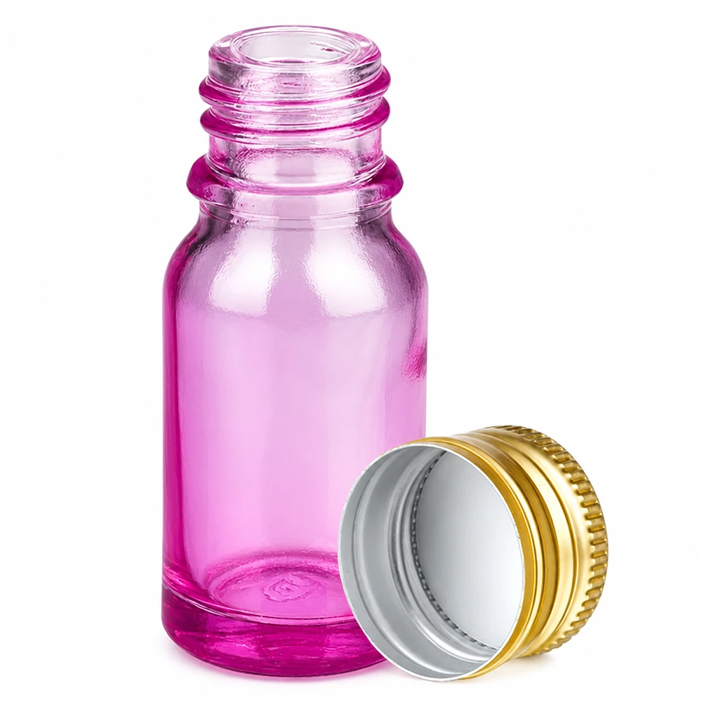 10ml lahvička PurpleLine 11mm šroubovací uzávěr hliníkový zlatý standard. UT18/10 Premium 10ml Flasche in lila Glas mit goldfarbenem Metallverschluss für Labor und Kosmetikindustrie