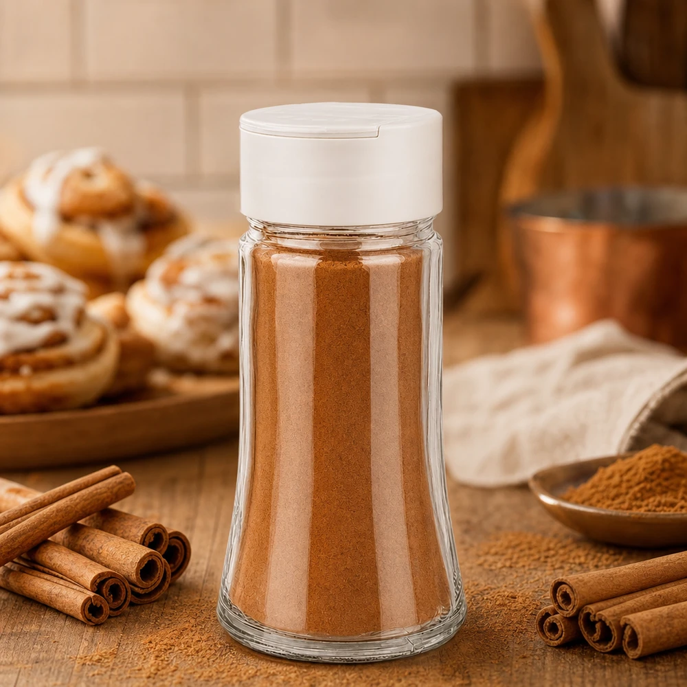Dóza na sůl/koření 95 ml s dvojitým šejkrem bílá Transparentes Streuglas 95ml mit weißem Deckel gefüllt mit braunem Gewürzpulver in Küchenumgebung