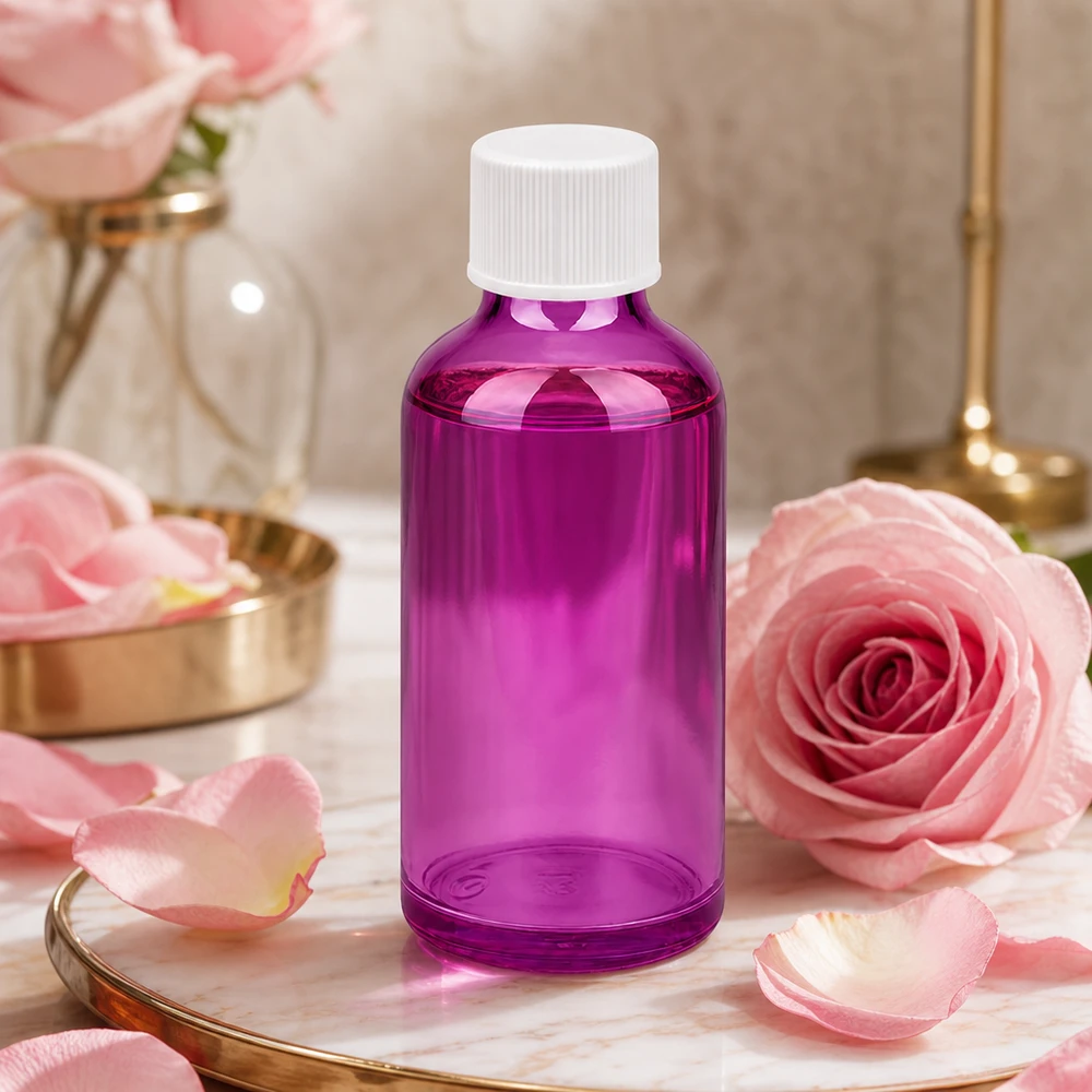 50ml lahvička 11mm se šroubovacím uzávěrem bílá standardní PurpleLine UT18/50 Elegante 50ml Glasverpackung in Violett für exklusive Hautpflege und Wellnessprodukte