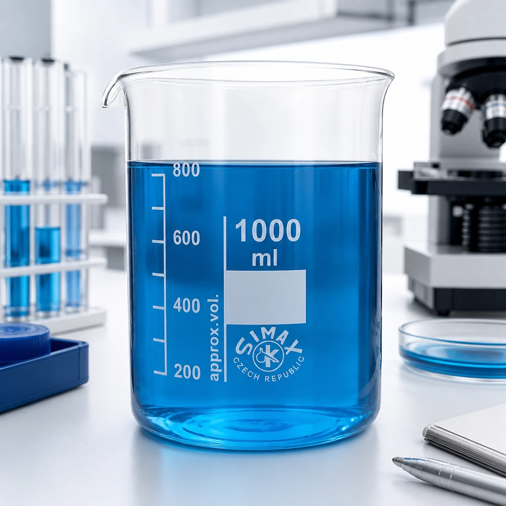 Kádinka 1000ml z borosilikátového skla, nízký tvar Chemiebecher 1000ml säureresistentes Borosilikatglas für sichere Handhabung von Lösungen