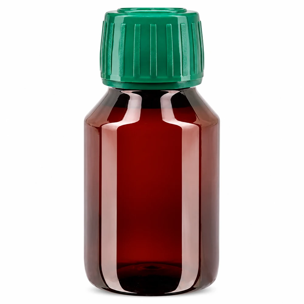 PET láhev 50ml se zeleným uzávěrem, který je odolný proti manipulaci. PET láhev 50 ml, hnědá, se zeleným originálním uzávěrem pro farmaceutický průmysl a laboratoře