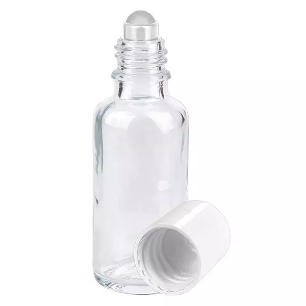 Lékárenská láhev čirá 30ml roll-on s uzávěrem bílá Lékárenská láhev čirá 30ml roll-on s uzávěrem bílá
