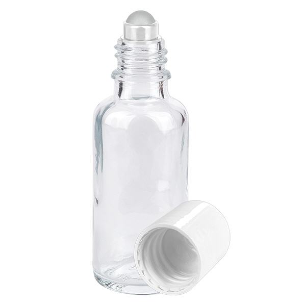 Lékárenská láhev čirá 30ml roll-on s uzávěrem bílá Lékárenská láhev čirá 30ml roll-on s uzávěrem bílá