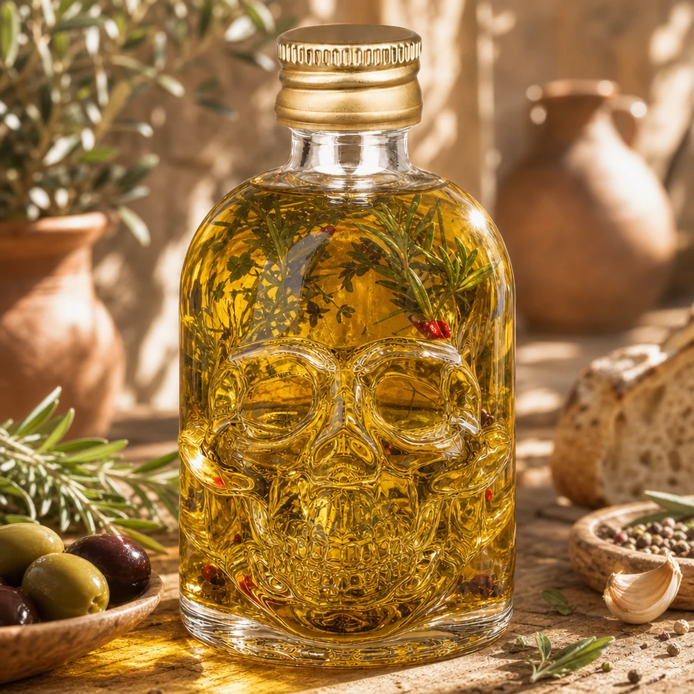 50ml Glasflasche "Hector" + Schraubverschluss gold UNiTWIST 50ml Designer-Glasflasche Hector mit plastischem Totenkopf-Design und Metallverschluss gold