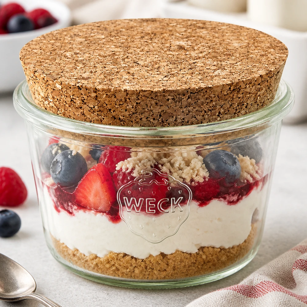 WECK Sturzglas 370ml RR100 mit Korken gefüllt als Dessert-Schichtglas mit Beeren Joghurt und Streuseln