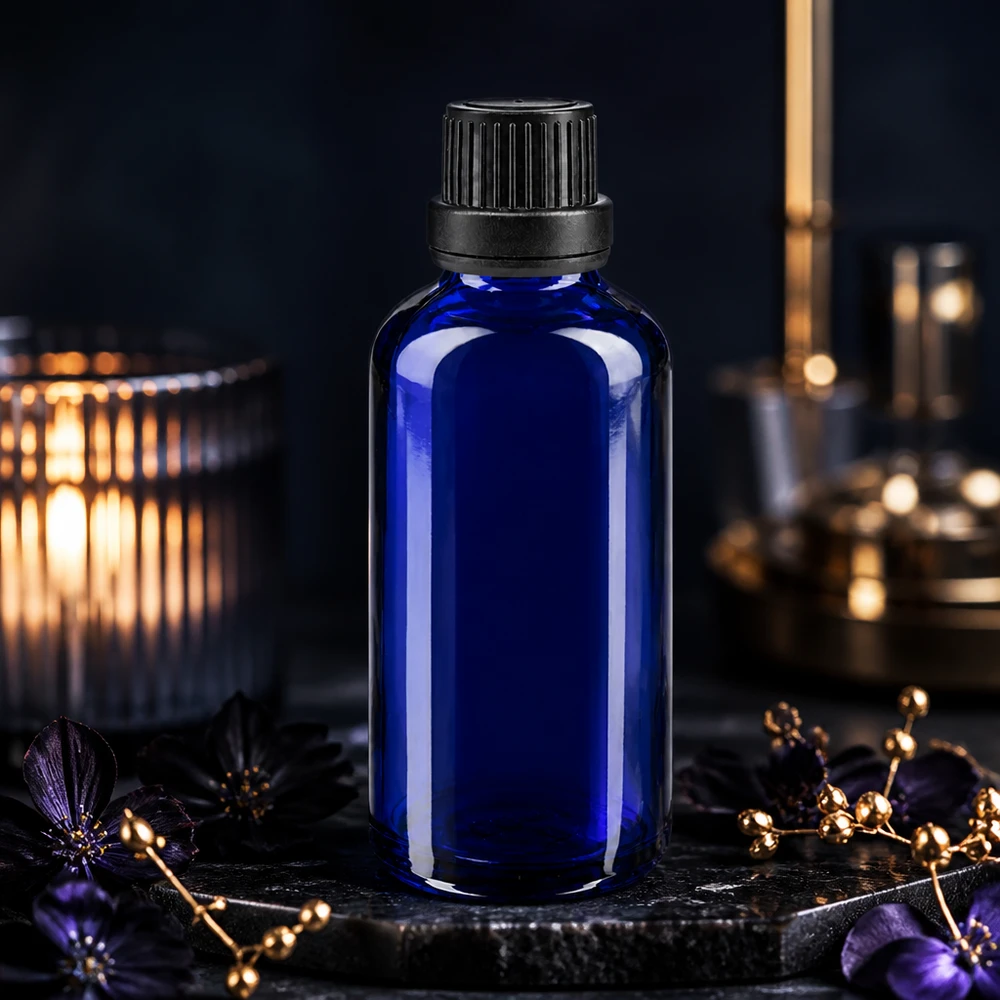 Lékárenská láhev modrá 50ml kapací uzávěr s nalévacím kroužkem 2mm černý uzávěr proti neoprávněné manipulaci. Kleine blaue 50ml Glasflasche mit Dosiertropfer und schwarzem Verschluss auf Schieferplatte mit Blüten