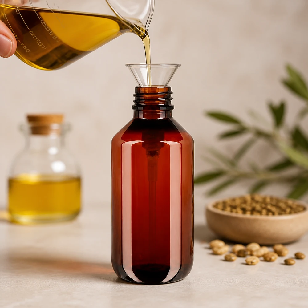 PET láhev 200ml s dávkovací pumpičkou bílá Nachhaltige Abfüllung von Pflanzenöl in lichtschuetzende bernsteinfarbene 200ml PET Flasche