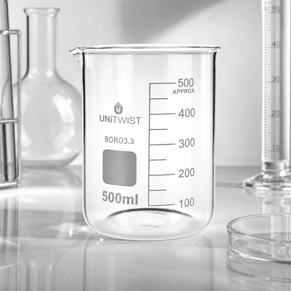 Kádinka 500 ml borosilikátová, nízká forma UNiTWIST UNiTWIST Chemieglas 500ml niedriger Form mit quadratischem Beschriftungsfeld und Volumenskala
