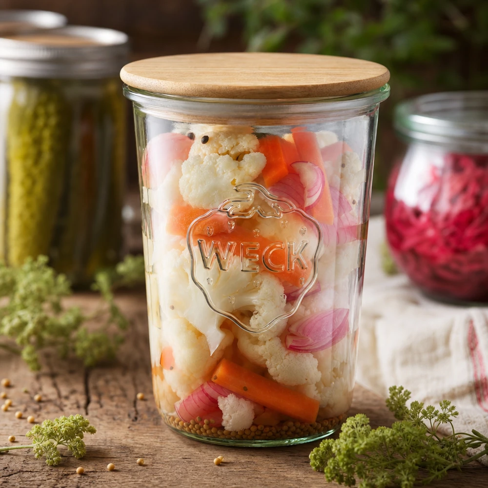 850ml tumblery WECK RR100 s dřevěným víčkem buchta WECK Einmachglas 850ml RR100 mit eingelegtem Gemüse Cauliflower Karotten Zwiebeln fermentierte Lebensmittel Holzdeckel