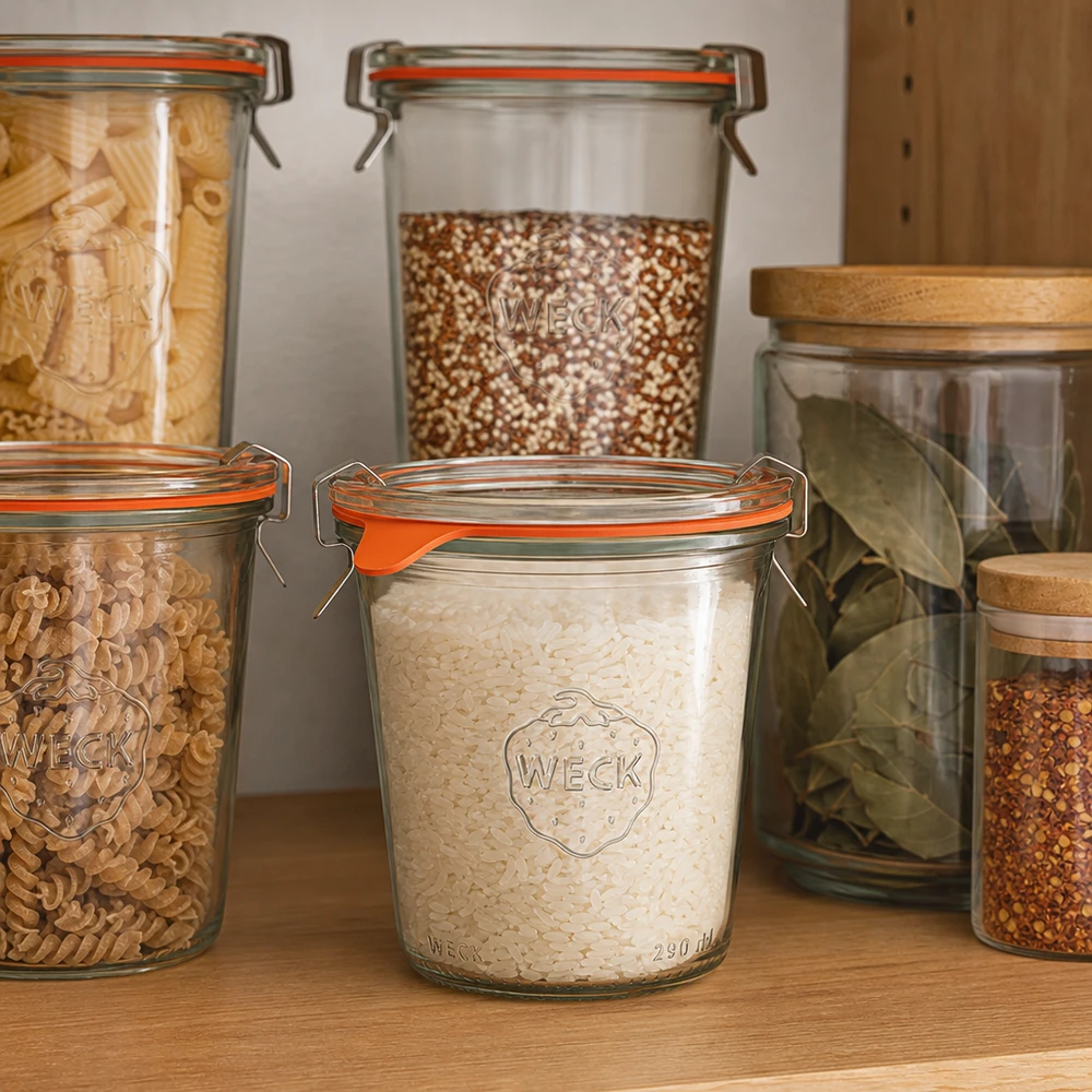 290ml vysoká skleněná nádoba kompletní WECK RR80 WECK Sturzgläser 290ml RR80 zur Aufbewahrung von Reis Nudeln und Getreide in organisierter Vorratsküche