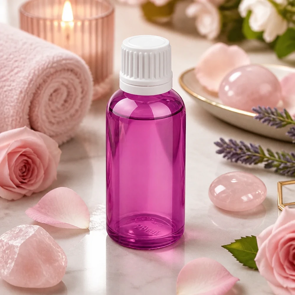 30ml lahvička s kapátkem 0,7mm bílé sklo Originality šroubovací uzávěr PurpleLine UT18/30 30ml Glas Tropfflasche in trendigem violett mit weißem Verschluss für DIY Kosmetik