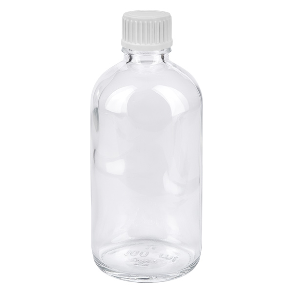 100ml lahvička s kapátkem 0,9 mm bílá standardní uzávěr ClearLine UT18/100 Leere 100ml Tropfflasche Klarglas mit weißem Schraubdeckel ideal für Öle und Medikamente STD