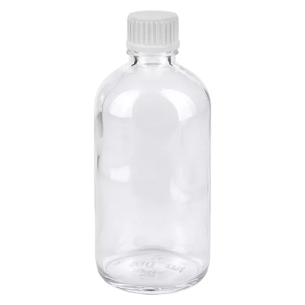 100ml lahvička s kapátkem 0,9 mm bílá standardní uzávěr ClearLine UT18/100 Leere 100ml Tropfflasche Klarglas mit weißem Schraubdeckel ideal für Öle und Medikamente STD