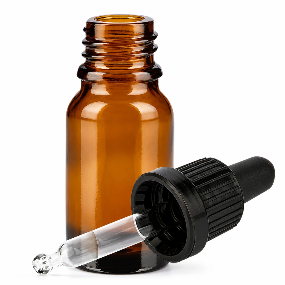 10ml pipetovací láhev černá s uzávěrem s ochranou proti manipulaci BrownLine UT18/10 Hochwertige Braunglasflasche 10ml mit kindersicherem Verschluss für pharmazeutische Anwendungen