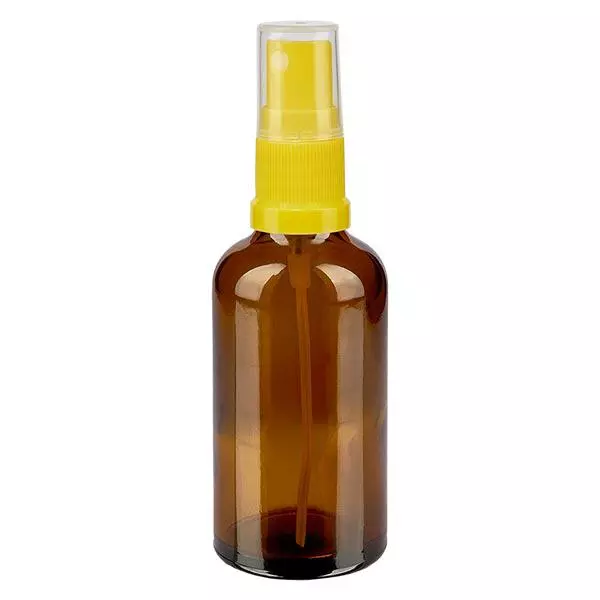 Lékárenská lahvička hnědá 50ml s nástavcem na sprej žlutá