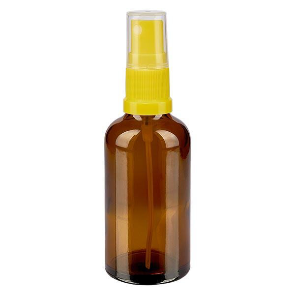 Lékárenská lahvička hnědá 50ml s nástavcem na sprej žlutá Lékárenská lahvička hnědá 50ml s nástavcem na sprej žlutá