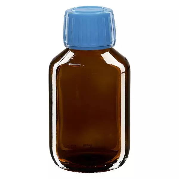 100ml lahvička na léky hnědá, modrý uzávěr s tamper-evidentním kroužkem ApoGlas. 100ml lahvička na léky hnědá, modrý uzávěr s tamper-evidentním kroužkem ApoGlas.