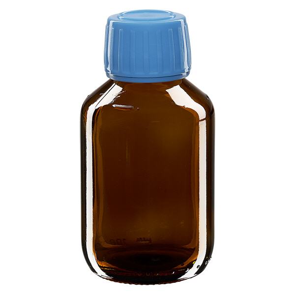 100ml lahvička na léky hnědá, modrý uzávěr s tamper-evidentním kroužkem ApoGlas. 100ml lahvička na léky hnědá, modrý uzávěr s tamper-evidentním kroužkem ApoGlas.