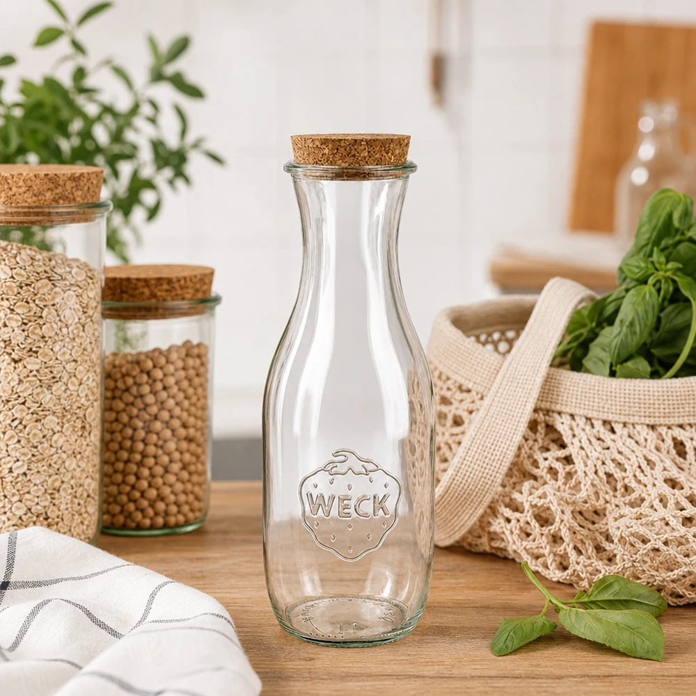 WECK Saftflasche 1062ml RR60 mit Naturkorken in nachhaltiger Zero-Waste Küche neben Vorratsgläsern und Jutebeutel