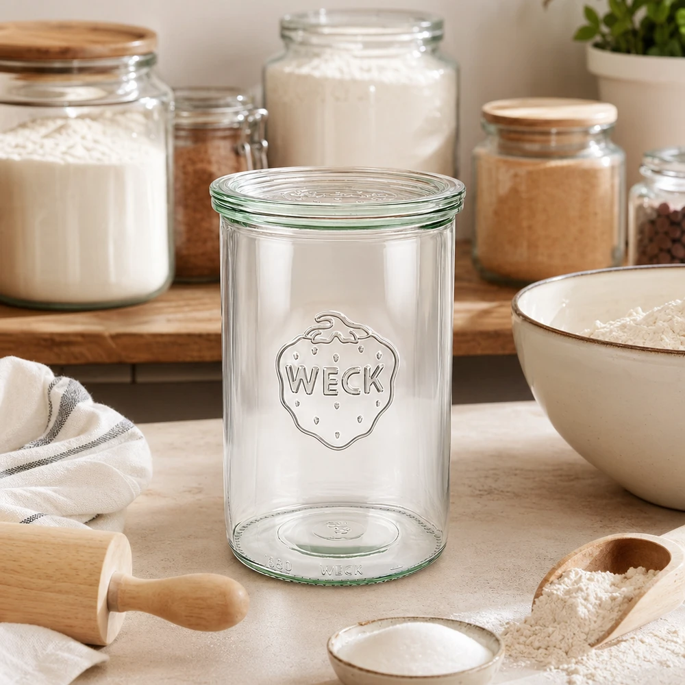 1000ml tumblery se skleněným víčkem WECK RR100 WECK Sturzglas 1000ml RR100 leer in heller Küche zwischen Vorratsdosen mit Mehl und Backutensilien zum Backen