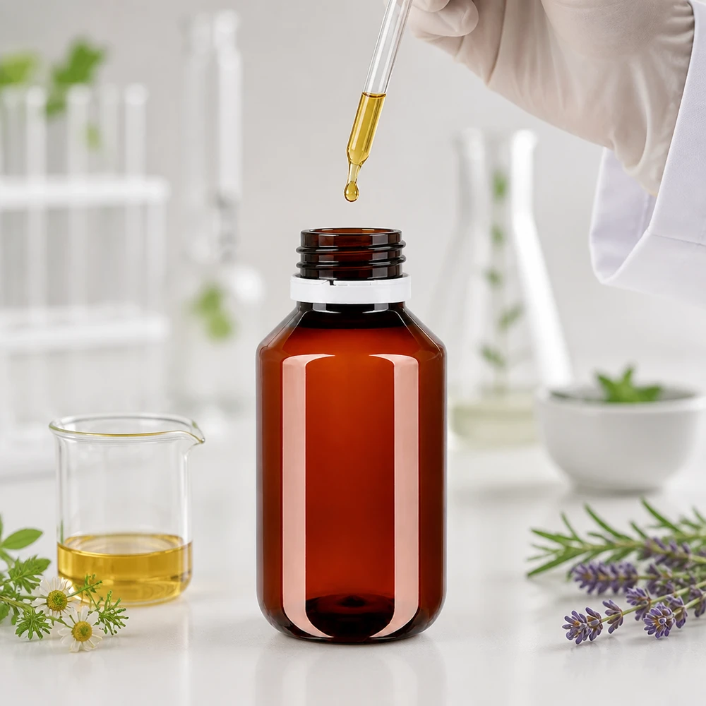 PET láhev 50ml s bílým rýhovaným uzávěrem s možností opakovaného uzavření Hnědá plastová lahvička s pipetou v laboratorním prostředí a bylinami