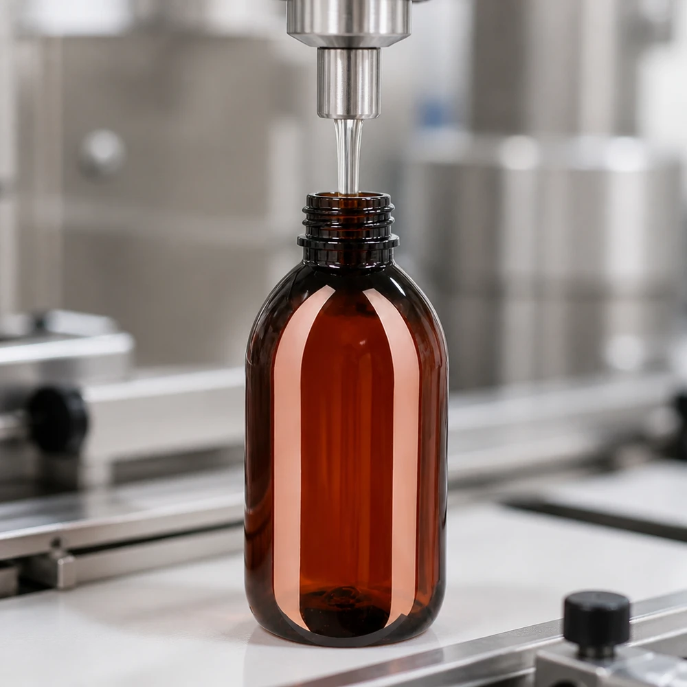 Plnicí linka automaticky plní hnědé PET láhve o objemu 250 ml se zeleným bezpečnostním uzávěrem