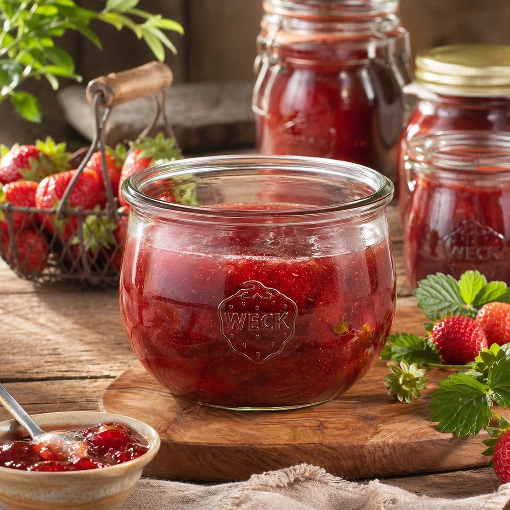 WECK RR100 Tulpenglas 580ml mit Erdbeermarmelade gefüllt auf Holzbrett mit frischen Erdbeeren und Einmachgläsern