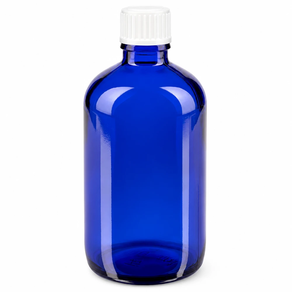 Lékárenská láhev modrá 100ml šroubovací uzávěr bílý globule standardní Kleine blaue Glasflasche 100ml für Medikamente Tinkturen und pharmazeutische Produkte