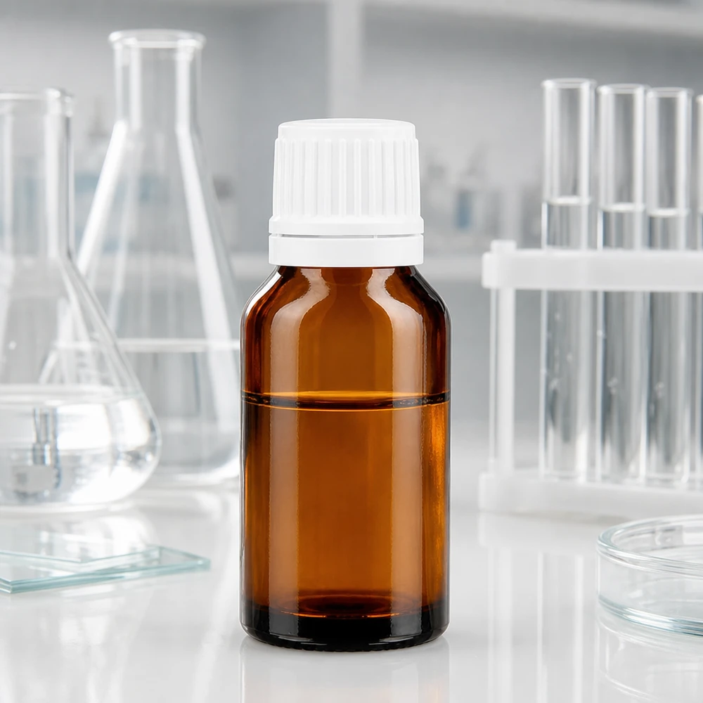 Kleine Medizinflasche 15ml Braunglas mit weißem Sicherheitsverschluss Laborumgebung