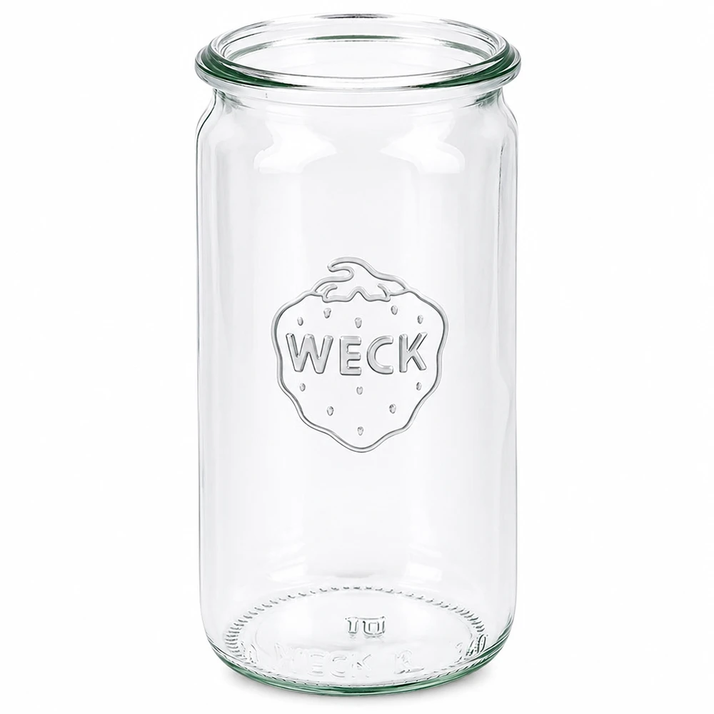 340ml válcová sklenice WECK RR60 s dřevěným dřevem - 340ml válcová sklenice s dřevěným dřevem WECK Zylinderglas 340ml RR60 Einmachglas transparent mit WECK Logo für Einkochen und Aufbewahrung