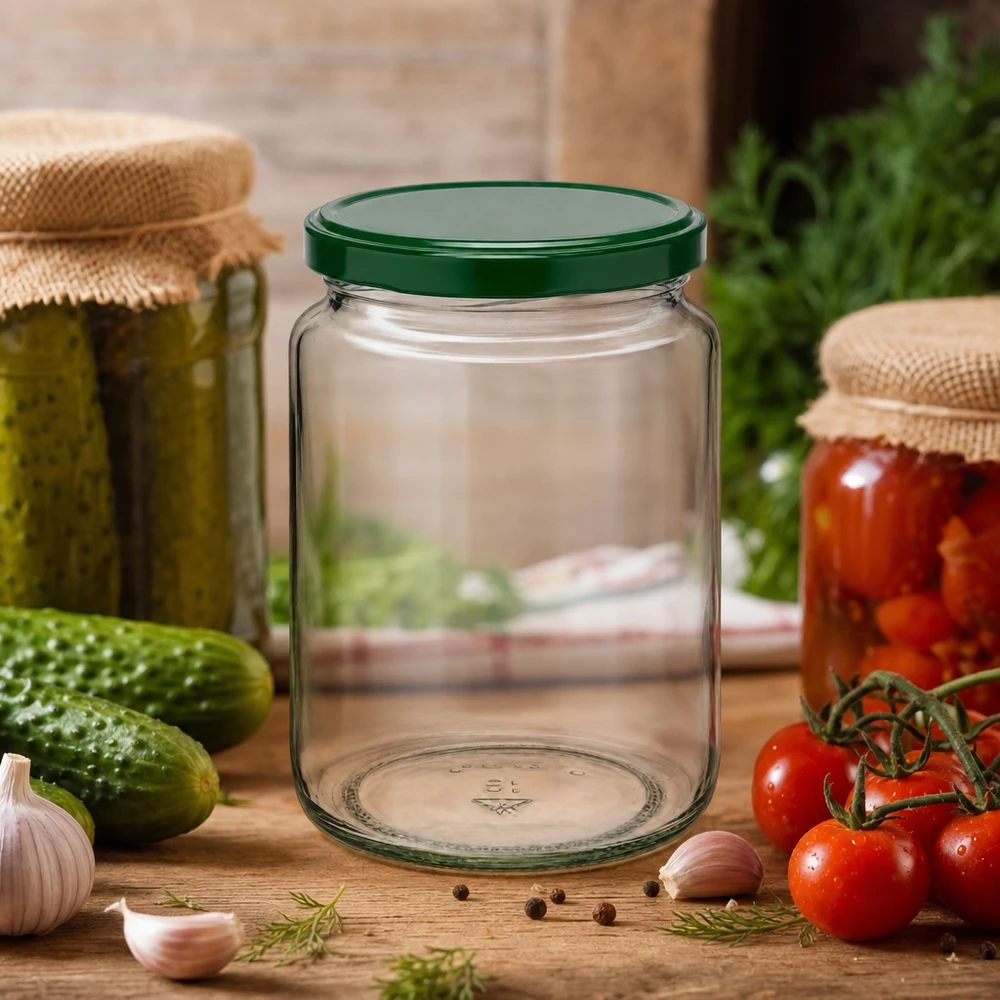 795ml kulatá sklenice + víčko BasicSeal zelené UNiTWIST 795ml Einmachglas UNiTWIST mit grünem Deckel zwischen frischem Gemüse und gefüllten Konservengläsern auf Holztisch