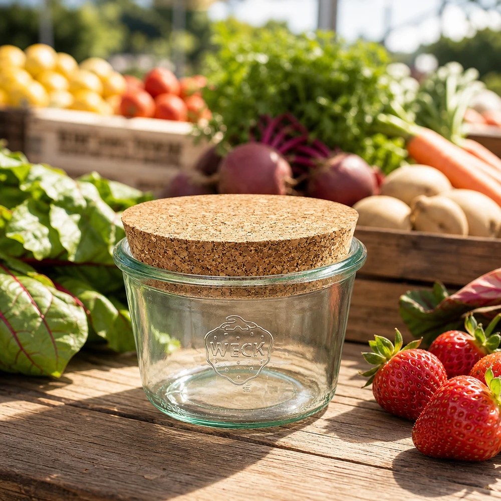 WECK Sturzglas 370ml RR100 mit Korkdeckel auf Holztisch zwischen Erdbeeren und frischem Gemüse vom Markt
