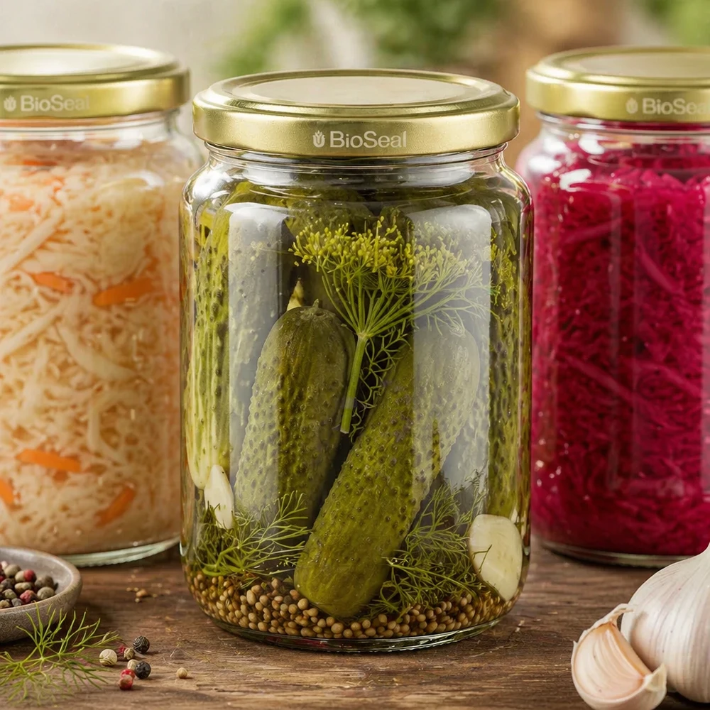 1000g BioSeal Honigglas Set mit eingelegten Gurken Sauerkraut und Marmelade zeigt vielfältige Einmach-Anwendungen