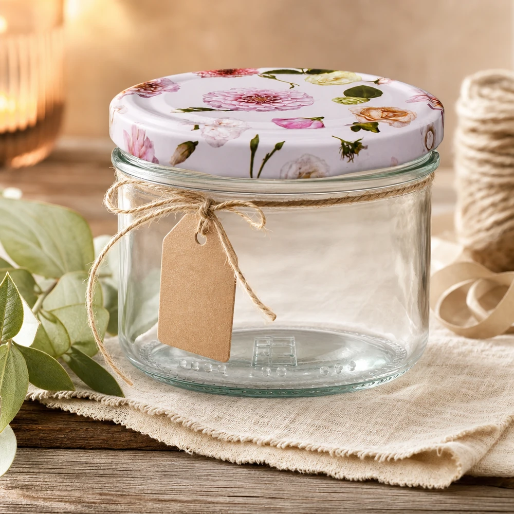 Leeres 230ml Einmachglas mit Blumendeckel und Kraftpapier-Anhänger - dekoratives Vorratsglas auf Holzuntergrund