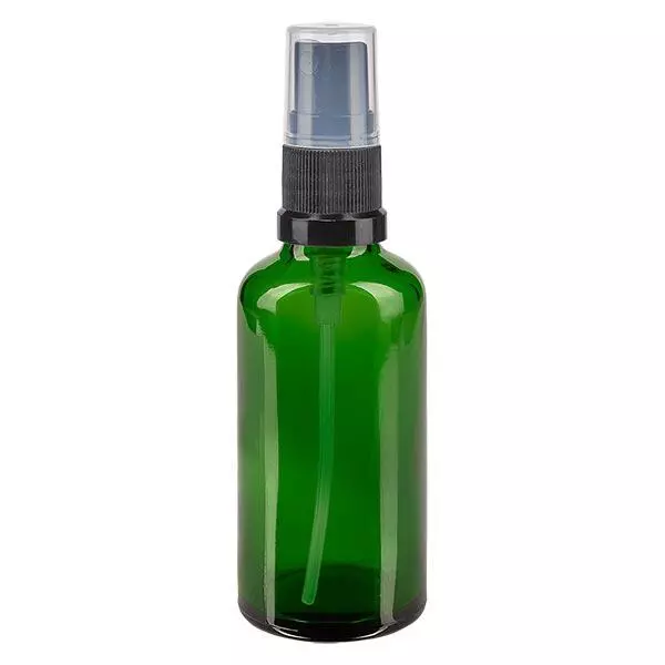 Lékárenská láhev zelená 50ml nástavec na sprej černá Lékárenská láhev zelená 50ml nástavec na sprej černá