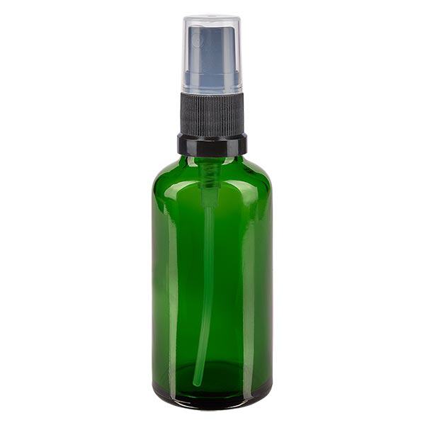 Lékárenská láhev zelená 50ml nástavec na sprej černá Lékárenská láhev zelená 50ml nástavec na sprej černá