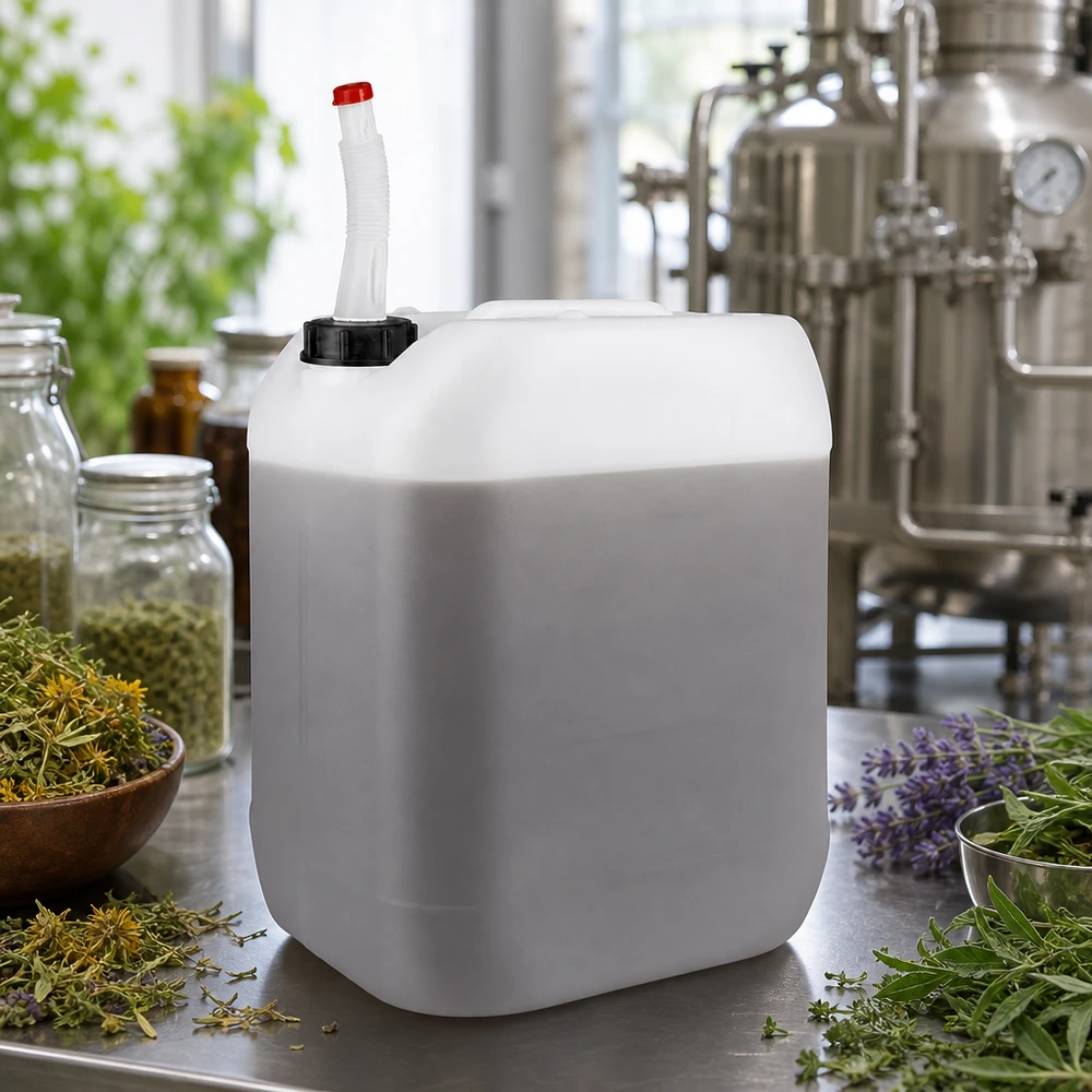 Kanystr o objemu 20 litrů s výpustnou trubkou Flex Lichtundurchlässiger 20 Liter Behälter mit biegsamem Rohr für Destillate und Naturextrakte