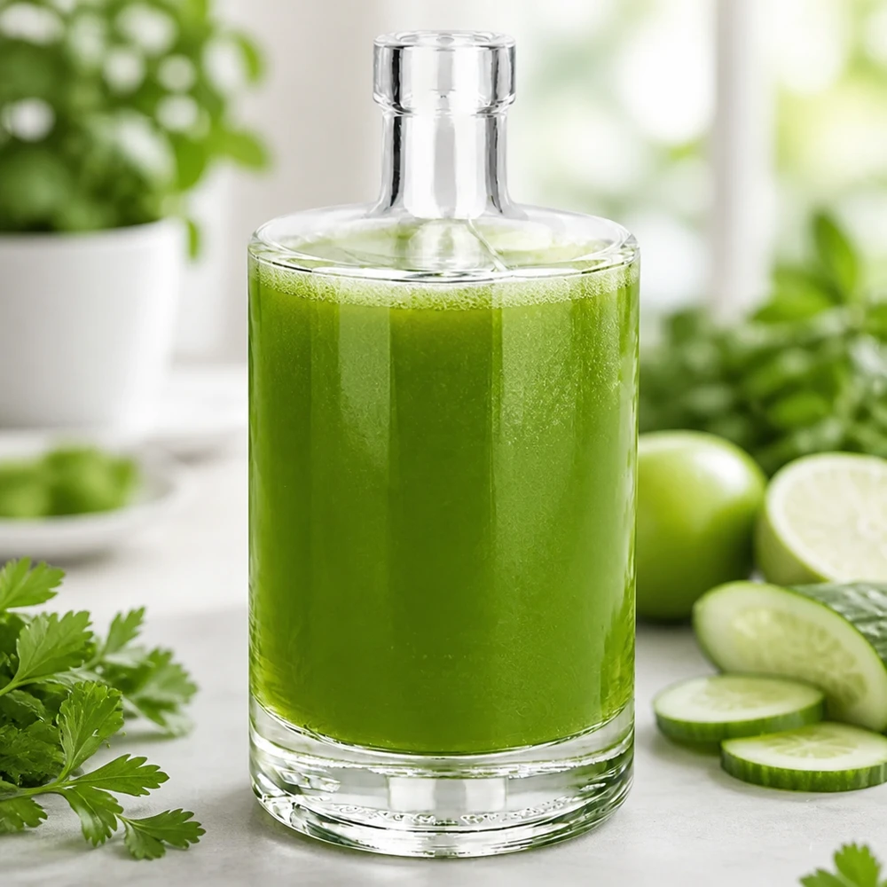 500ml Glasflasche Marie mit grünem Smoothie befüllt umgeben von Gurken und Kräutern als gesunde Getränke Inspiration