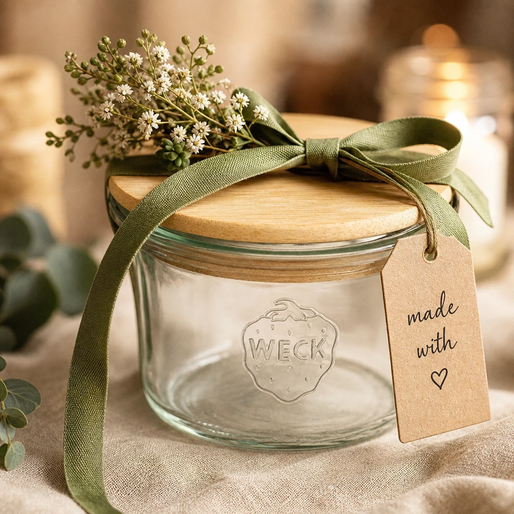 35ml mini zavařovací sklenice WECK RR40 s dřevěným víčkem WECK Mini Sturzglas 35ml mit Holzdeckel als Geschenkidee mit grüner Schleife Blumen und Made with Love Anhänger