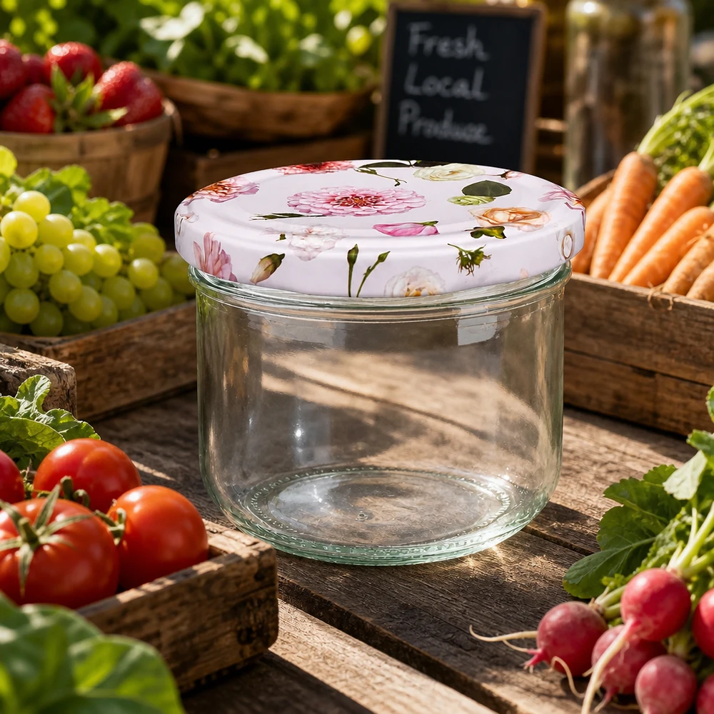 260ml kelímky + víčko BasicSeal flower pink UNiTWIST Leeres 260ml Sturzglas mit rosa Blumendeckel zwischen frischem Gemüse - vielseitiges Einmachglas für Marktstand-Atmosphä