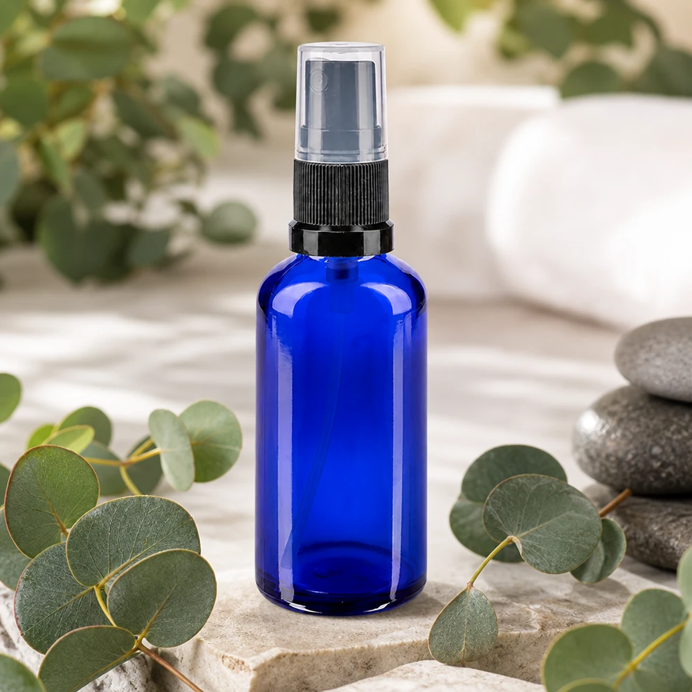 Hochwertige blaue Zerstäuberflasche 50ml Apothekerglas für Gesichtswasser und Seren