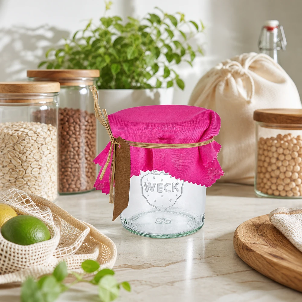 Pinkes Stoff Schmuckdeckchen 12cm eckig auf Weckglas in nachhaltiger Zero Waste Küche mit Vorratsgläsern