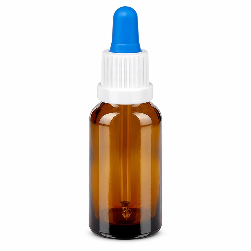 20ml pipetovací láhev bílá/modrý uzávěr s ochranou proti manipulaci BrownLine UT18/20 BrownLine Pipettenflasche 20ml in Braunglas mit weißer Verschlusskappe und blauer Dosierpipette
