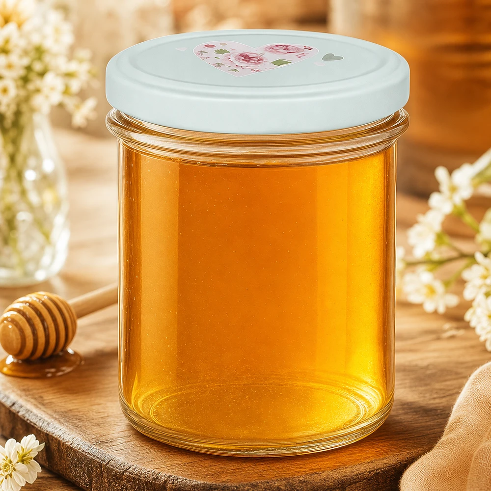 350ml kelímky + víčko BasicSeal srdíčková máta UNiTWIST 350ml Sturzglas mit BasicSeal Deckel Herz mint gefüllt mit goldgelbem Honig auf Holzbrett mit Honiglöffel und Blüten