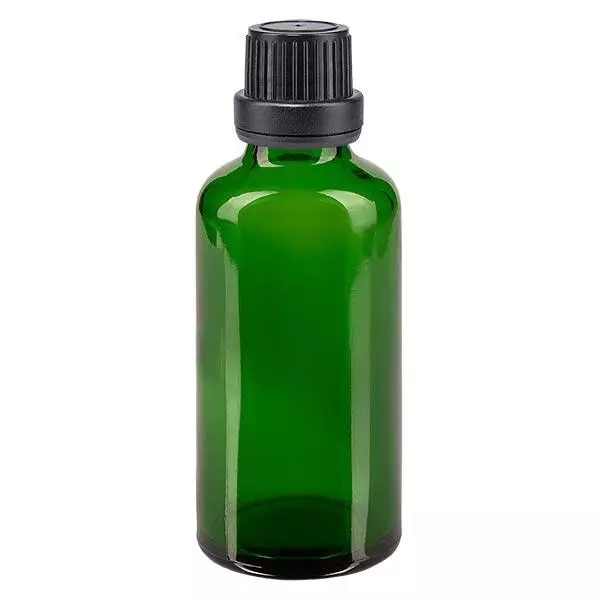 Lékárenská láhev zelená 50ml šroubovací uzávěr černý uzávěr proti neoprávněné manipulaci.