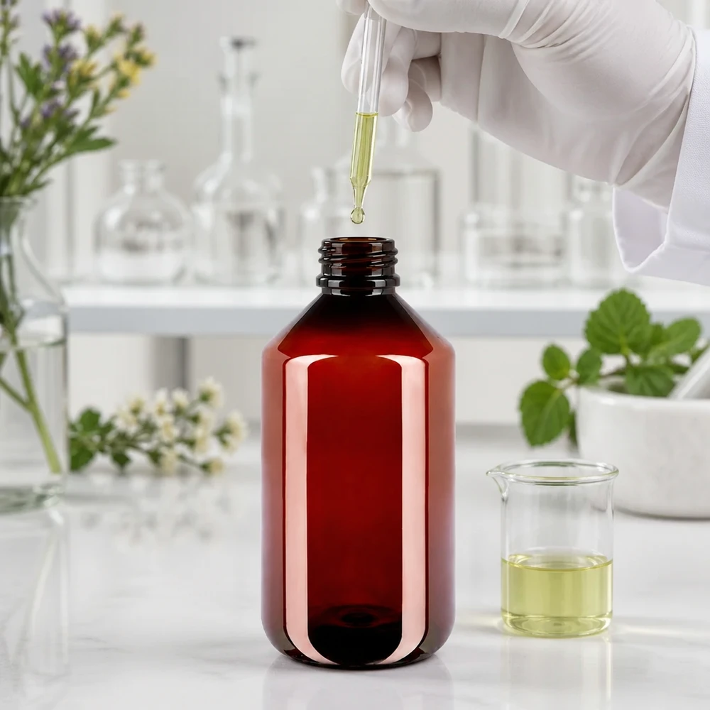 Laboratorní použití s hnědou 500ml PET lahví a pipetou pro přesné plnění