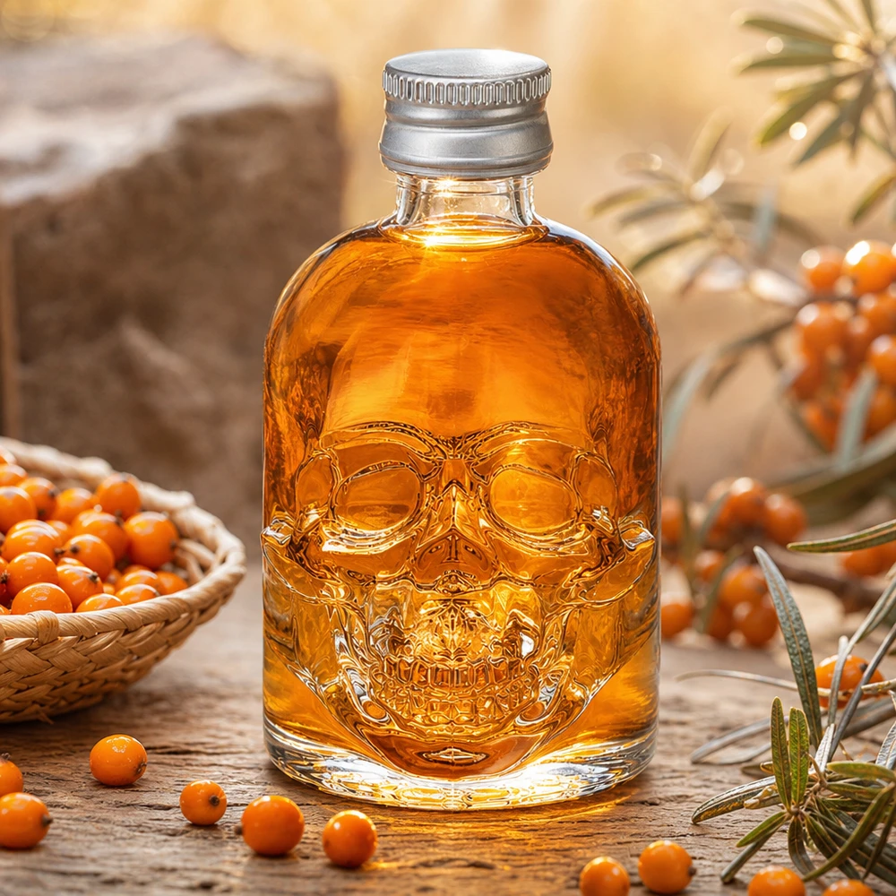 50ml Glasflasche "Hector" + Schraubverschluss silber UNiTWIS 50ml Glasflasche Hector mit Sanddorn-Likör befüllt zwischen orangenen Beeren und Dekoelementen in warmer Atmosphäre