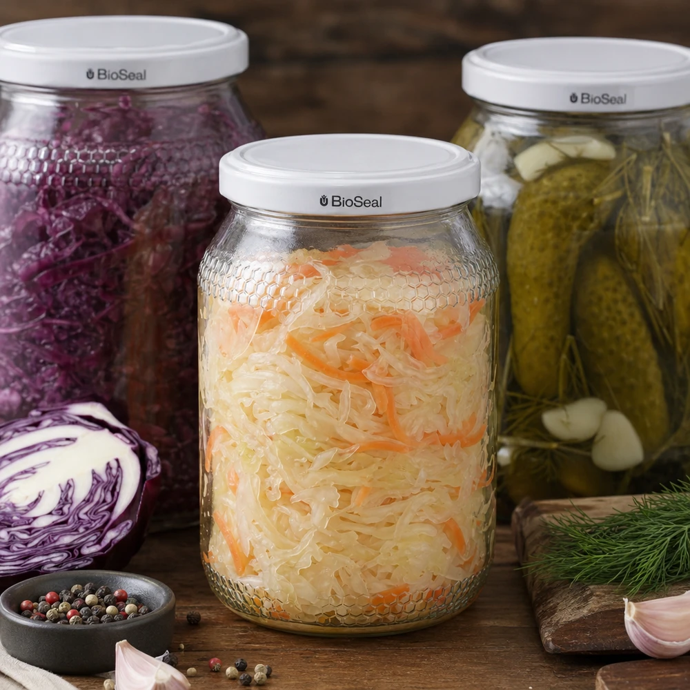 1260g Honigglas + BioSeal Deckel weiß UNiTWIST 900ml Honigglas mit BioSeal Deckel gefüllt mit fermentiertem Sauerkraut neben eingelegtem Rotkohl und Gewürzen