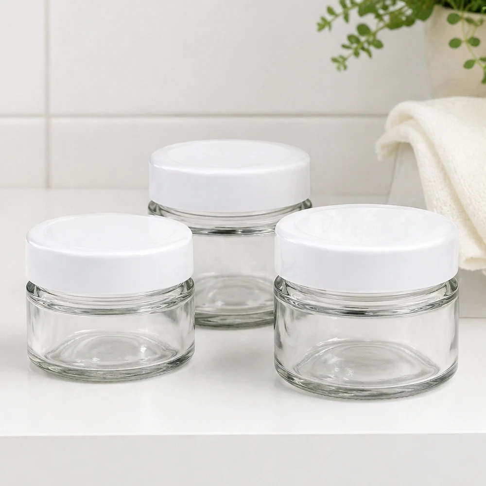 80ml kulatá sklenice s víčkem BasicSeal bílá hluboká UNiTWIST 80ml Rundglas Set mit BasicSeal Deckel im Badezimmer - elegante Glasdosen für Kosmetik und Badutensilien