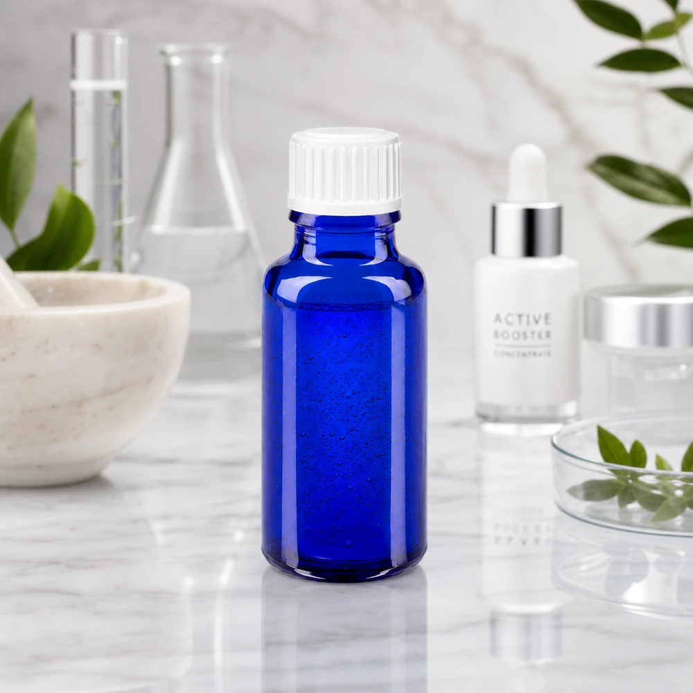 Zylindrische 20ml Glasflasche kobaltblau mit weißem Schraubverschluss 3mm Öffnung